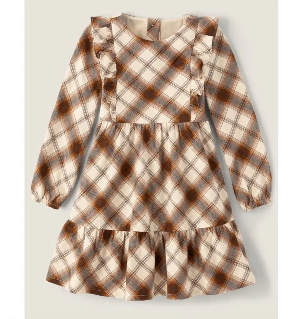 Gymboree Girls Plaid Tiered Dress - Autumn Adventures - Tan cotton flannel sz 6